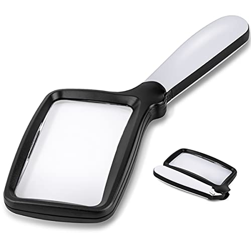 Folding Handheld Magnifying Glass with Light, 5X Large Rectangle Reading Magnifier with Dimmable LED for Seniors with Macular Degeneration, Newspaper, Books, Small Print, Lighted Gift for Low Visions