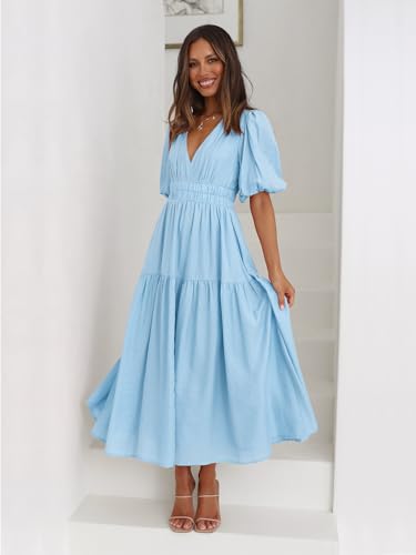 Image of Womens Deep V Neck Puff Short Sleeve Tired Maxi Dress Boho Long Flowy Summer Dresses