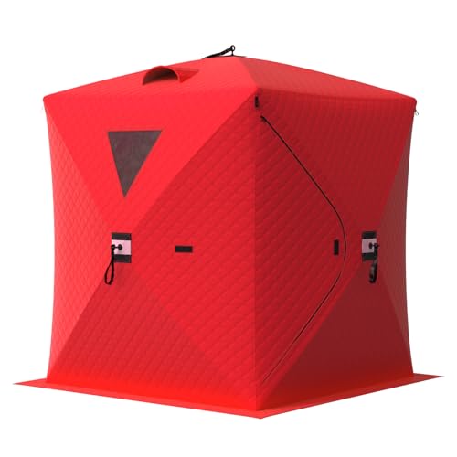 OUTLANE 3-4 Person Instant Ice Fishing Shelter – 60-Second Setup Fully Insulated Warm Red Cabin-Style Shanty, Windproof Portable Ice Tent with Anchors, Ropes & Carry Bag