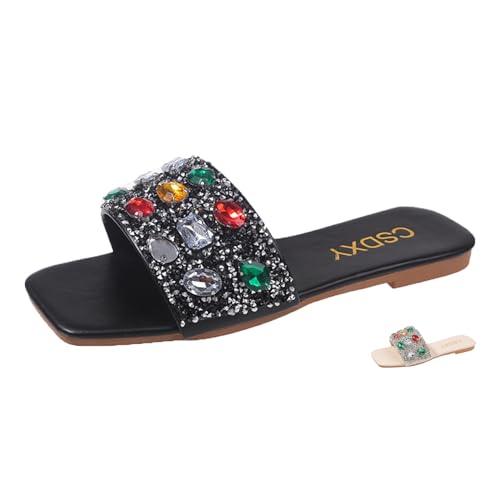 Women's Sparkle Gem Diamond Flat Slide Sandals,Rainbow Rhinestones Square Open Toe Slip-on Jeweled Sandals Beach Slippers (Black,5)