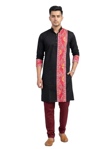 Image of Men's Jamdani Printed Kurta Pajama Set | Pure Cotton Ethnic Kurta with Mandarin Collar & Dupion Silk Pyjama | Festive & Weddings 303A12A 303SB12B(M XXL)