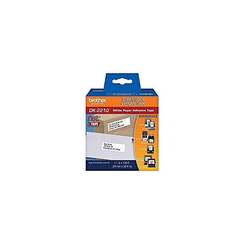 Image of Brother Genuine DK-2210 Continuous Length Black on White Paper Tape for Brother QL Label Printers, 1.1 inch x 100' (29mm x 30.4M), 1 Roll per Box, DK2210