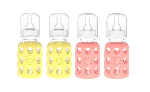 Image of Lifefactory Glass Baby Bottle BPA Free | Protective Silicone Sleeve | 4 oz Pack of 4 | Banana, Cantaloupe