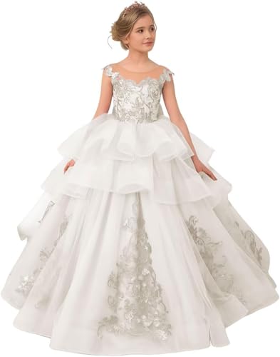 Flower Girl Dress Lace Appliques Tulle First Communion Dress Princess Ball Gown Pageant Dress for Girls