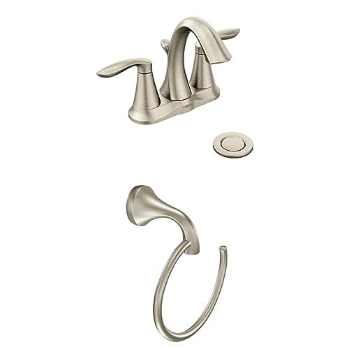 Image of Moen Eva Brushed Nickel Two-Handle 4-Inch Centerset Bathroom Faucet with Drain Assembly, for 3-Hole Sink, 6410BN + Bathroom Single Post Hand-Towel Ring, YB2886BN