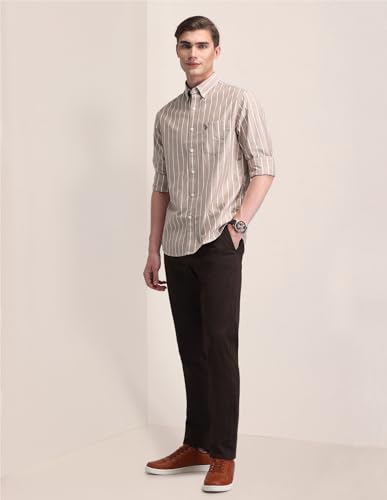 Image of U.S. Polo ASSN. Men's Brown Striped Cutaway Collared Neck Full Sleeve Formal Cotton Regular Fit Shirt
