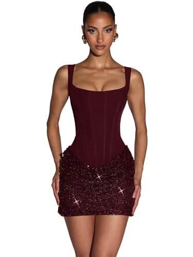 Basgute Sparkly Sequin Short Homecoming Dresses 2026 Satin Corset Prom Dress for Women Elegant Tight Mini Formal Evening Cocktail Gown for Teens Burgundy Size 6