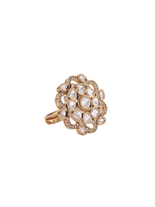 Royal Swirl Polki Ring | Adjustable Brass Cocktail Ring with Clear Polki Stone | Anti-Tarnish Kundan Style Statement Ring for Women-image-24