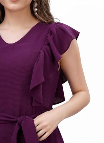 Image of Women A-Line Midi Dress | V-Neck Cap Sleeve One Piece Dress with Waist Tie Detail | Knee Length Flowy Dress for Party and Casual Styling