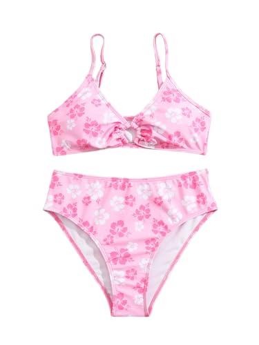 SOLY HUX Girl's Ditsy Floral Print Bikini Swimsuit Ruffle Trim 2 Piece Bathing Suit Beachwear Light Pink Floral 13 Years
