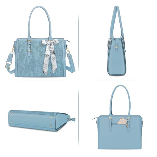 Image of MOSISO Laptop Bag for Women, PU Leather Tote Bag, Front Embossed Retro Hibiscus Computer Bags with Silk Scarf&Clutch Purse