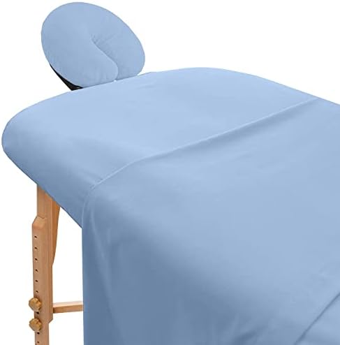 AVALON CARE Massage Table Sheets Sets 3 Pcs 100% Cotton Flannel Massage Sheet Sets - Includes Massage Table Cover Fitted Sheet, Flat Sheet & Face Cover Soft & Smooth Massage Bed Cover - Blue