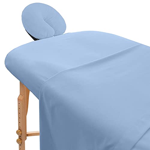 AVALON CARE Massage Table Sheets Sets 3 Pcs 100% Cotton Flannel Massage Sheet Sets - Includes Massage Table Cover Fitted Sheet, Flat Sheet & Face Cover Soft & Smooth Massage Bed Cover - Blue
