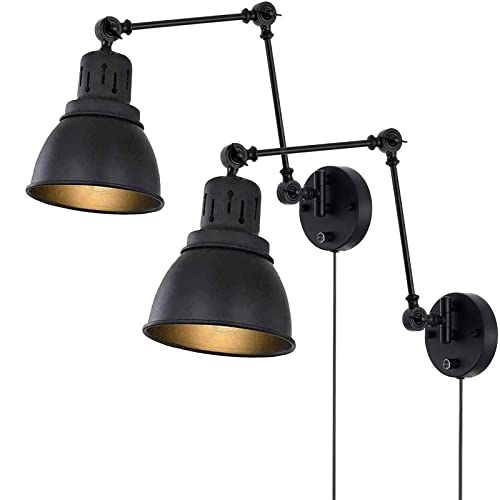 Lámpara de Pared Retro con Interruptor y Enchufe, Aplique de Pared Ajustable de Estilo Industrial E27, Lámpara de Noche Giratoria Negra Retro, Luz de Pared para Sala de Estar, Dormitorio, Oficina