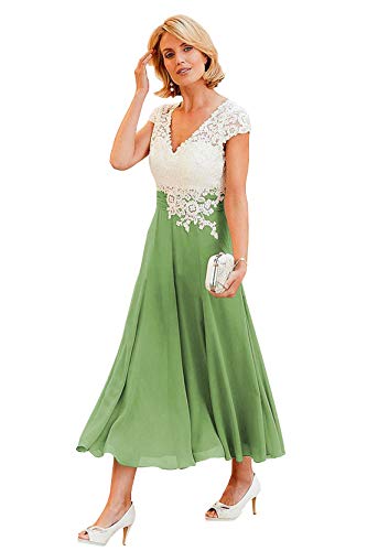 Women s Plus Size Lace A-Line V Neck Sage Green Mother of The Groom Dress Tea Length Formal Gown 18 Plus