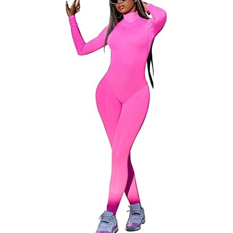 Mojessy Two Piece Outfits for Women Sexy Long Sleeve High Neck Bodysuit and Skinny Pants Set, Pink, Medium Cover