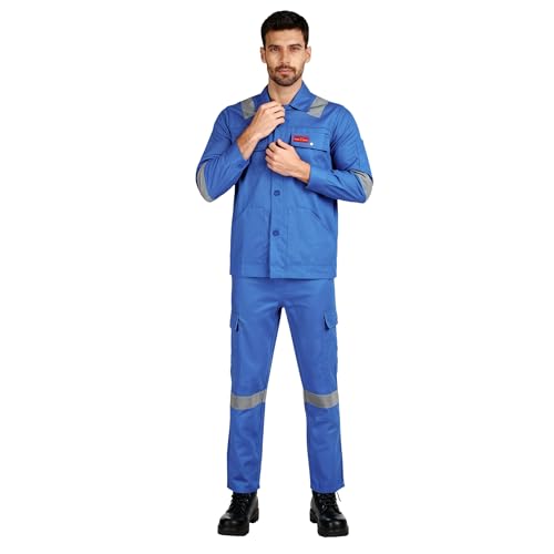 Image of Men's 100% Cotton Industrial Workwear Jacket & Pant Set with Reflective Tape, OEKOTEX, 200 GSM.