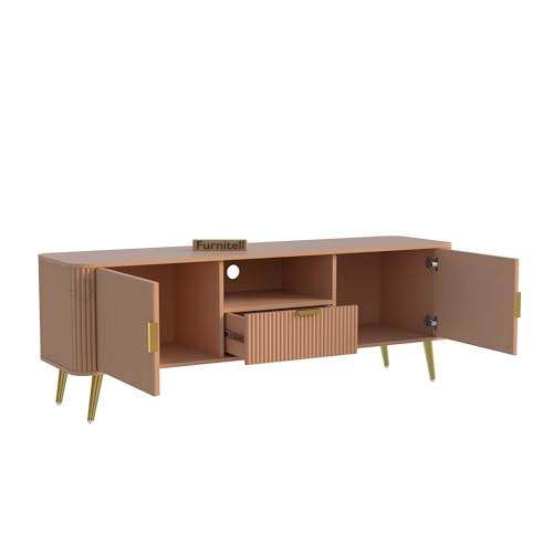 Image of Wooden TV Unit for Living Room | Media Console Movable Tv Cabinet | Tv Unit with 2 Doors, 1 Drawers & 1 Open Shelf Storage | Sideboard Cabinet | HDMR Premium Wood & Iron Leg | Beige