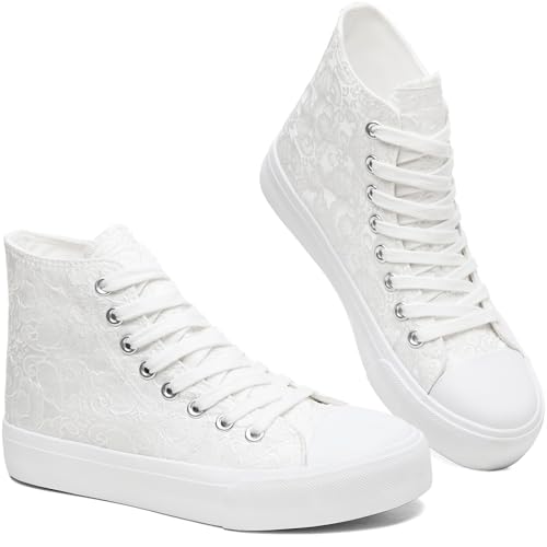 BENPAO Women's High Top Canvas Sneakers, Floral Embroidered Fashion Tennis Shoes - White Breathable Casual Walking Shoes(White,US8)