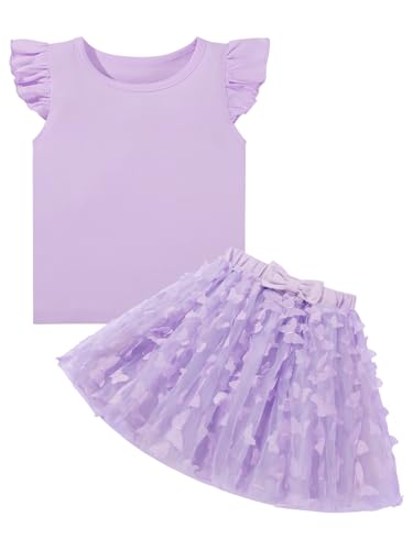Image of Girls Tulle Skirt Set Kid Toddler Girl 2 Piece Outfits Ruffle Sleeve T-Shirt Bowknot Tutu Dress Birthday Party Outfit