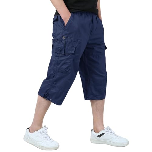 KEFITEVD Pantalones Cortos Cargo Casuales para Hombres Pantalones Cortos de Trabajo con Cintura Elástica Pantalones Cortos Capri de Verano de 3/4 de Largo,Azul Marino,38