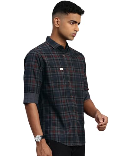Image of Majestic Man Men Comfort Slim Fit Opaque Checked Pure Cotton Casual Shirt