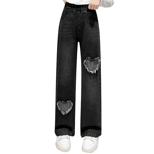 JEYPINMI Ripped Jeans for Girls Elastic Waist Wide Leg Denim Pants Stretchy Washed Trousers with Pockets2
