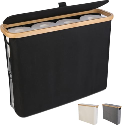 Black Bamboo and Fabric Toilet Paper Storage Bin with Lid