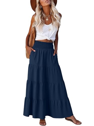 ANRABESS Womens Maxi Skirts Elastic High Waist A-Line Tiered Long Flowy Boho Skirts Summer Casual Beach & Vacation Wear Navy Blue S