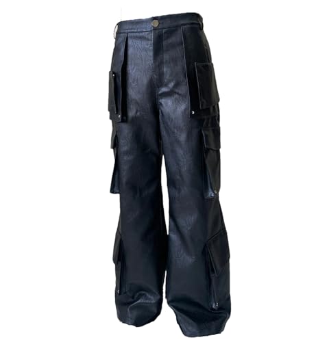 Men's Baggy Black Pu Leather Wide Leg Cargo Pants Multiple Pockets Luxury Designer Streetwear Pant