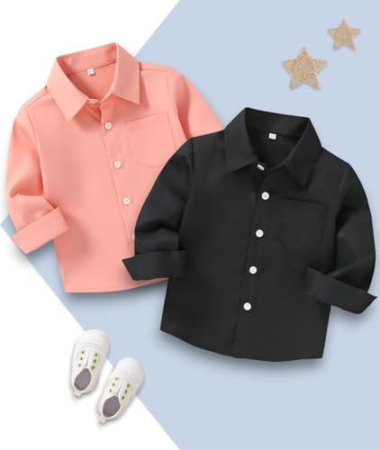 Image of Boys Shirt, Black and White Plaid and Light Blue Solid, Long Sleeve Button-Up, 2 Pack