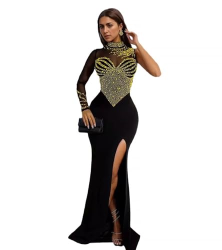 Image of Jigfar Women Sexy Elegant Rhinestone Mesh See Through Party Club Night Split Bodycon Formal Maxi Dress