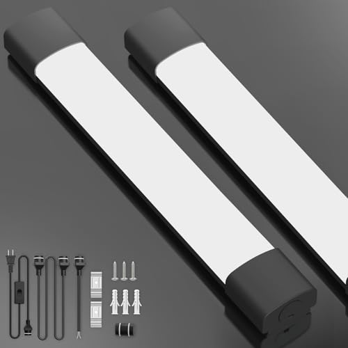 AUATZ LED Garage Lights 2FT 2PCS Linkable Plug in Ceiling Light Fixture, 5000K Workbench Tube Light with Switch, 18W Overhead Light Bar for Room Shop Cabinet Closet Kitchen, IP65 Waterproof, Black