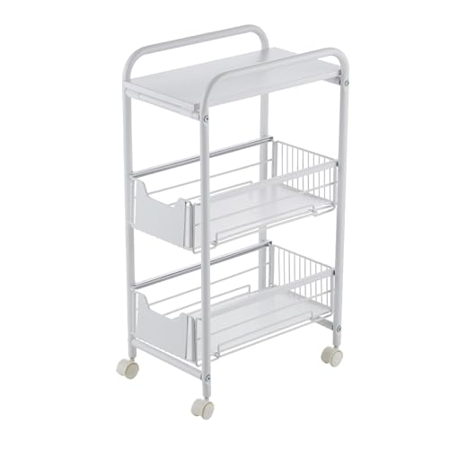DXDRT Chariot à roulettes Mince, Chariot de Rangement de Cuisine étroit sur roulettes, Chariot à Linge Mince à roulettes avec paniers coulissants pour Cuisine, Salon, Salle à Manger,Blanc,3 Tier