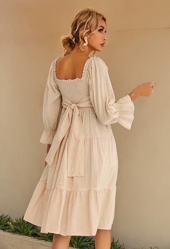 R.Vivimos Women's Summer Cotton Plaid Puff Sleeves Bow Casual Off-Shoulder Boho Midi Dress2