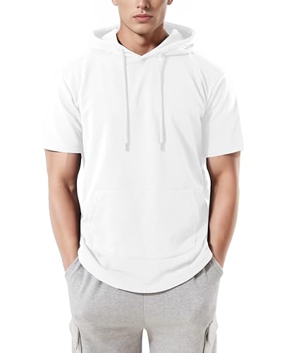 Ohoo Mens French Terry Hoodie Pullover Short Sleeve Lightweight Super Soft Hooded Sweatshirt