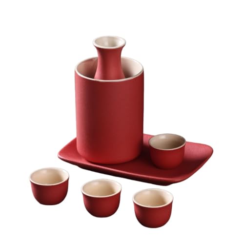 日本酒 熱燗器 伝統 熱酒器 酒器冷たい/暖かい/熱い酒のための日本の禅スタイルの陶磁器のワイン伝統的な磁器酒暖かい フラスコ 熱燗器じょか揃 燗瓶 冷酒器 美濃焼 キット酒瓶/酒カップ (石器製赤和風ワインセット)