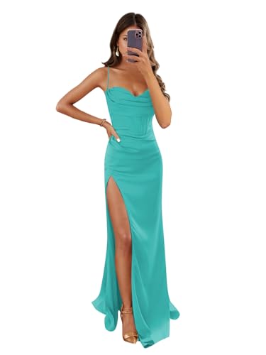 Image of Women's Mermaid Prom Dress with Slit Satin Bridesmaid Dresses Long Corset Evening Formal Party Gown