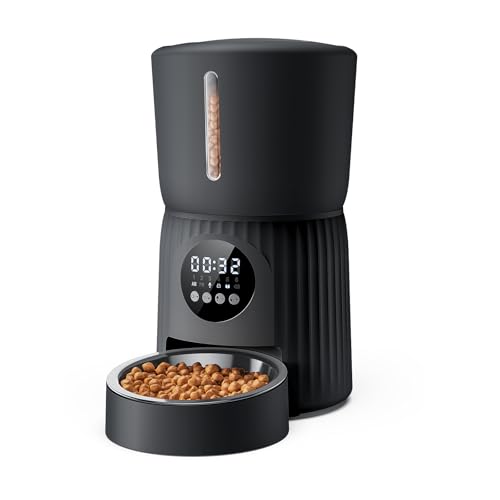 Faroro Distributore Automatico Cibo Gatti, 4L Dispenser Crocchette Gatto con 1-6 Pasti Al Giorno, Porzioni Regolabili, Voce 10s, Alimentazione Lenta (Nero)