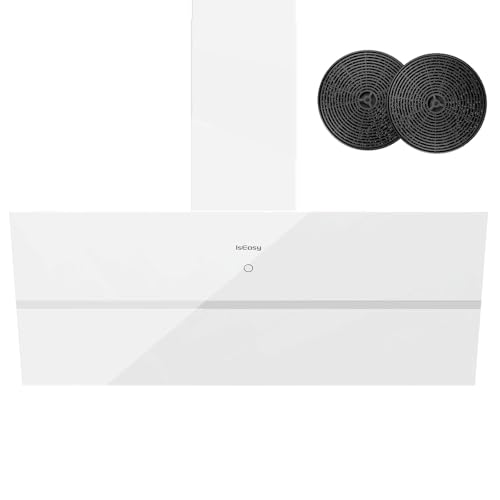 IsEasy Hotte Aspirante 90cm, Hotte de Cuisine Inclinées Blanc, Classe A++, 594 m³/h, 4 Vitesses, Eclairage à LED, Evacuation ou Recyclage, 2 Filtres à Charbon Inclus