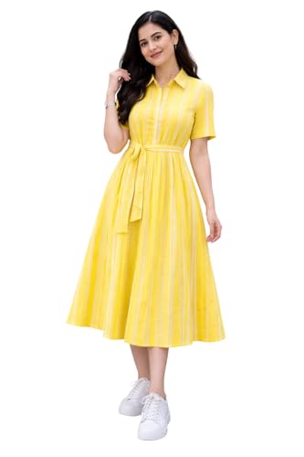 La Touch Premium Women Rayon Midi Dress with Belt A-Line Casual Dress for Women Short Sleeve Button Down Styli