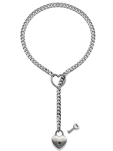 paloli Womens Slip Chain Necklace Heart O-Ring Punk Rock Cuban Long Necklace Jewelry For Women Adjustable Lariat Y-Necklace Heart Locker With Key (Silver 24)