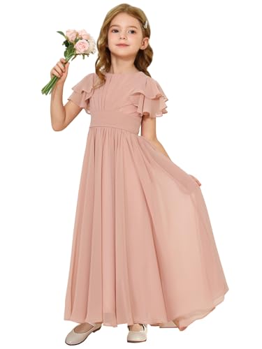 Elegant Wedding Bridesmaid Dress for Junior Girl Round Neck Flower Girls Dresses Dusty Pink Solid A-line Long Dresses Toddler Formal Evening Prom Gown Dusty Pink Size 12