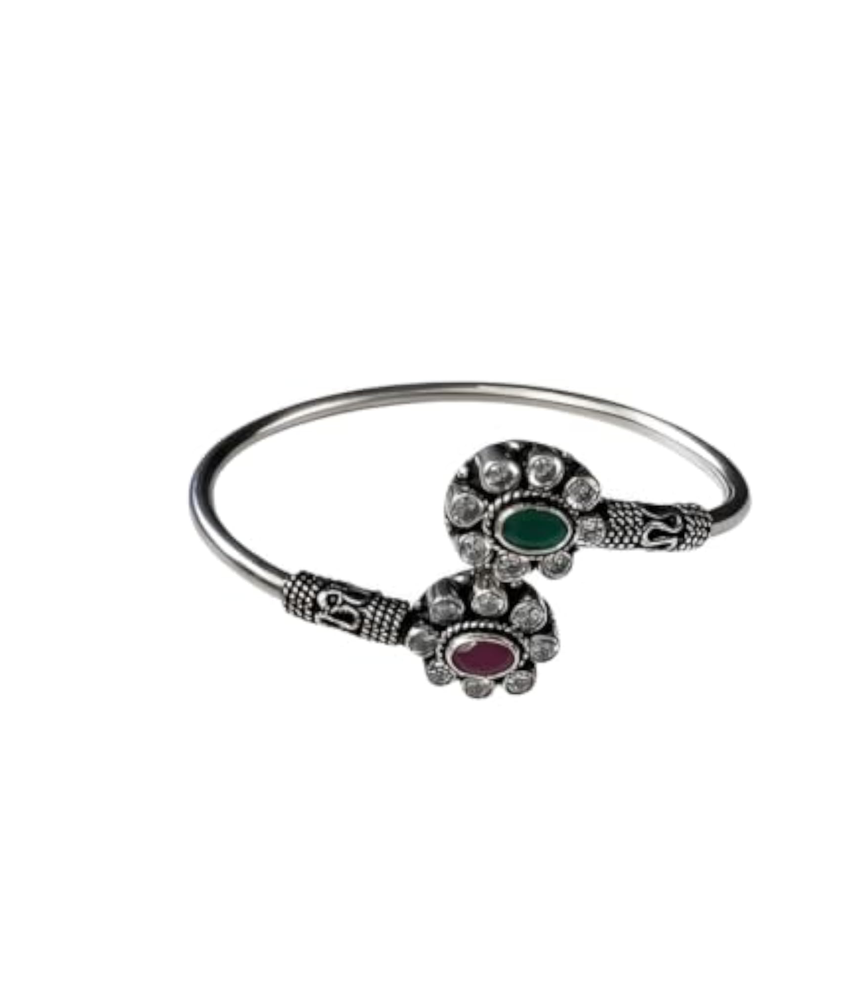 Ethnic Silver Gemstone Open Cuff Bangle Bracelet for Women