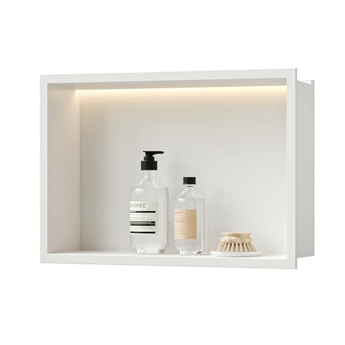 Neohomee Nicho de Ducha de Pared de Acero Inoxidable con Luz LED, Nicho de Ducha Empotrado Blanco con un Solo Estante de Almacenamiento para Baño, 45 x 30 cm