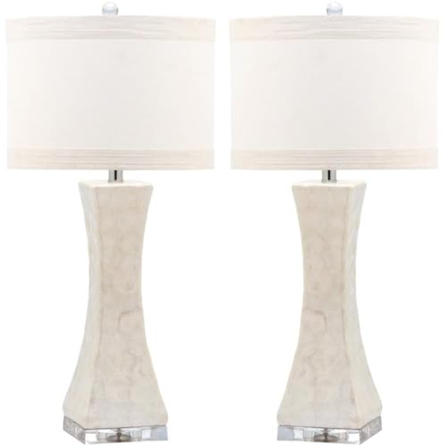SAFAVIEH Lighting Collection Shelley Coastal White Concave Capiz Shell 31-inch Bedroom Living Room Home Office Desk Nightstand Table Lamp Set of 2 (LED Bulbs Included)