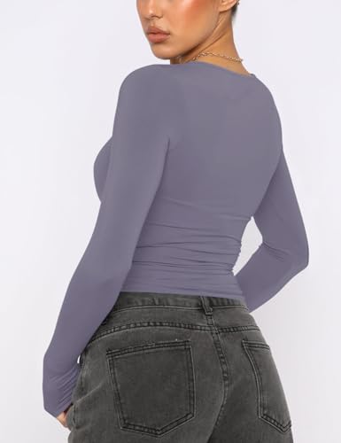 Image of AKEWEI Long Sleeve Crop Tops for Women 2 Pack Fall Going Out Outfits Cute Tight Basic Tees Shirt
