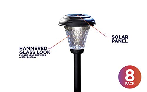 Moonrays 91381 Payton Solar LED Plastic Path Light, 2X-Brighter, Hammered Glass Look, provides 360 Display of Warm LED Lighting, Emits 2.4-lumens, 12-inch area of illumination, 8-Pack