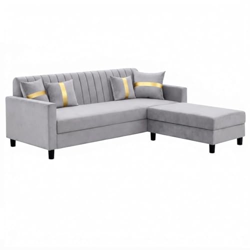 Image of CASASTYLE Korion 4 Seater L Shape Sofa Set with Movable Ottoman | Flexible Left or Right Layout | Cozy Velvet Fabric | Soft Touch Seating | Modern Designer Sofa for Living Room (Light Grey)