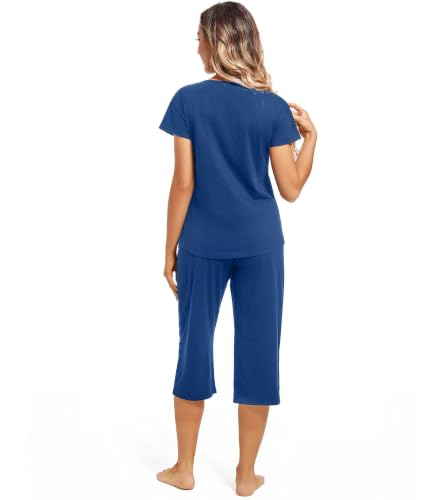 Image of ENJOYNIGHT Womens Pajama Sets Cotton Pj Set Short Sleeve Top With Capri Pants Sleepwear 2 Piece Lounge Set
